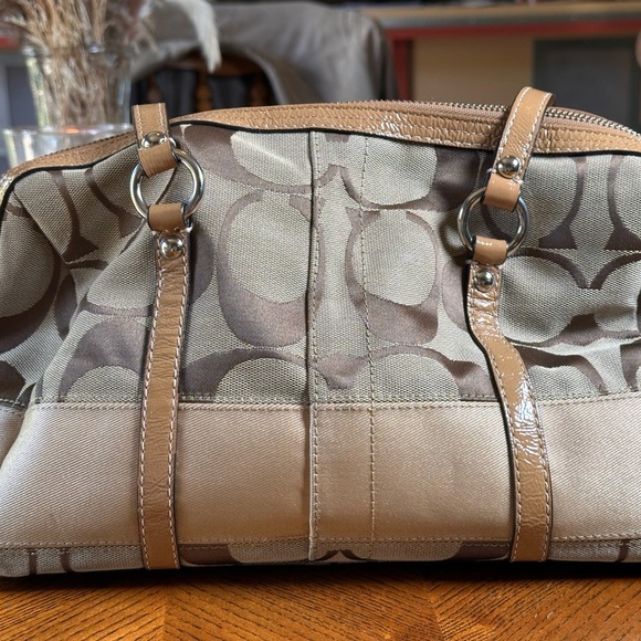 EUC COACH KHAKI SIGNATURE TAN STRIPED LEATHER BAG SATCHEL SHOULDER PURSE - Picture 11 of 11